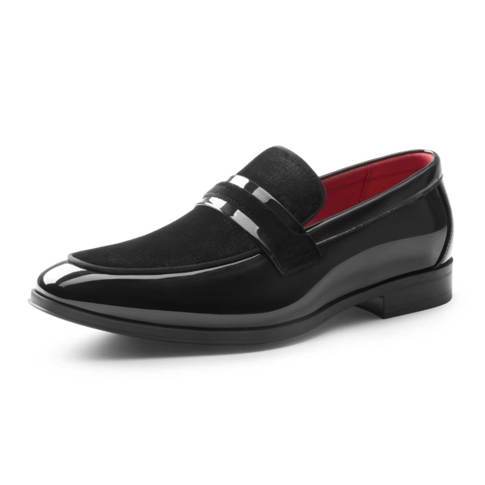 Mens Black Patent Leather Velvet Loafers Dress Shoes Formal Slip On Red Lining